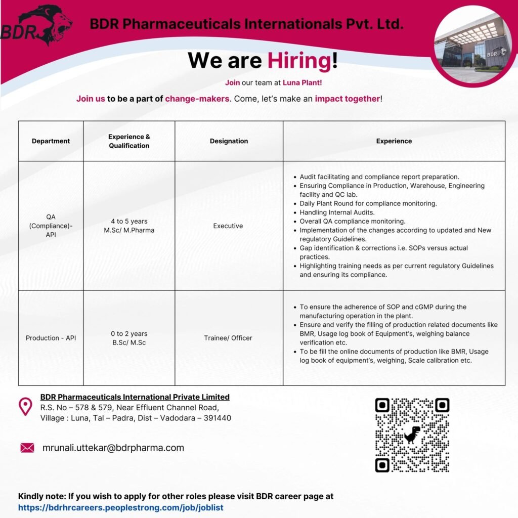 Freshers Needed In Production, QA At BDR Pharmaceuticals Freshers Needed In Production, QA At BDR Pharmaceuticals