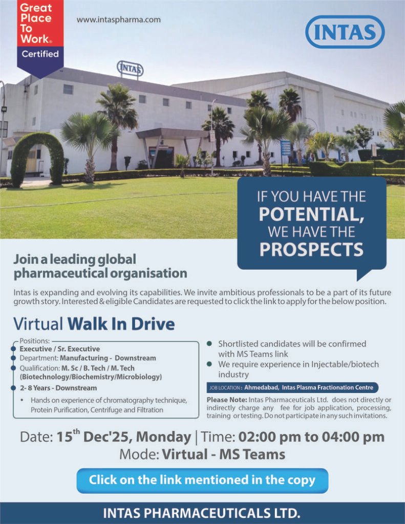 Intas Pharmaceuticals Hiring For Manufacturing – Downstream