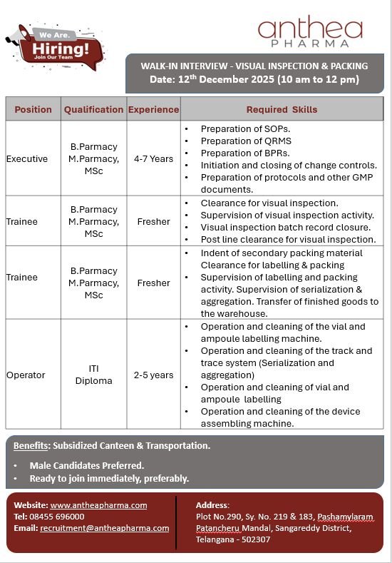 Fresher Needed In Visual Inspection and Packing At Anthea Pharma Fresher Needed In Visual Inspection and Packing At Anthea Pharma