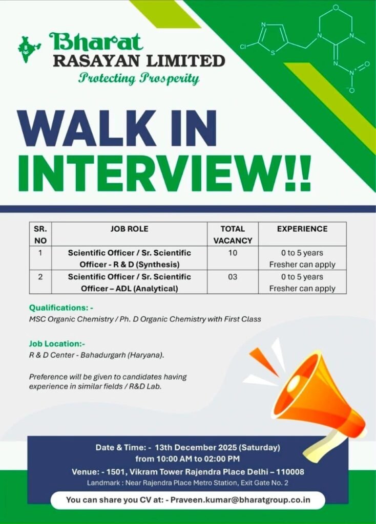 Freshers Needed In R&D, ADL At Bharat Rasayan Limited Freshers Needed In R&D, ADL At Bharat Rasayan Limited