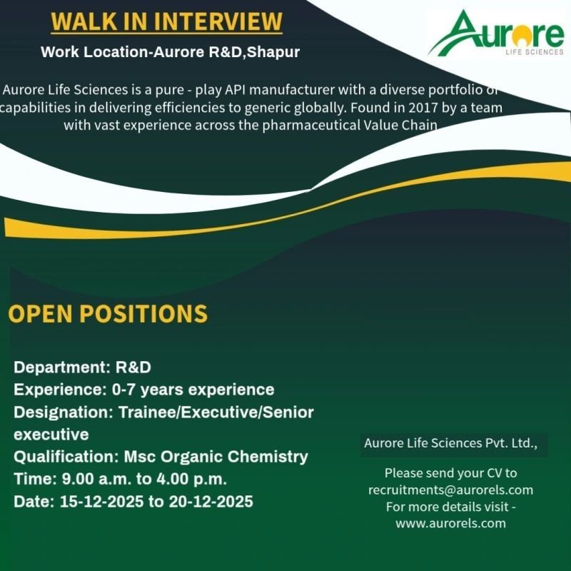 Freshers Needed In Research and Development At Aurore Life Sciences Freshers Needed In Research and Development At Aurore Life Sciences