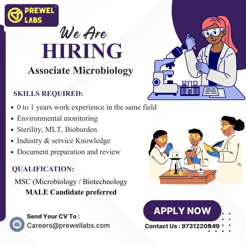 Freshers Needed In Associate Microbiology At PREWEL LABS