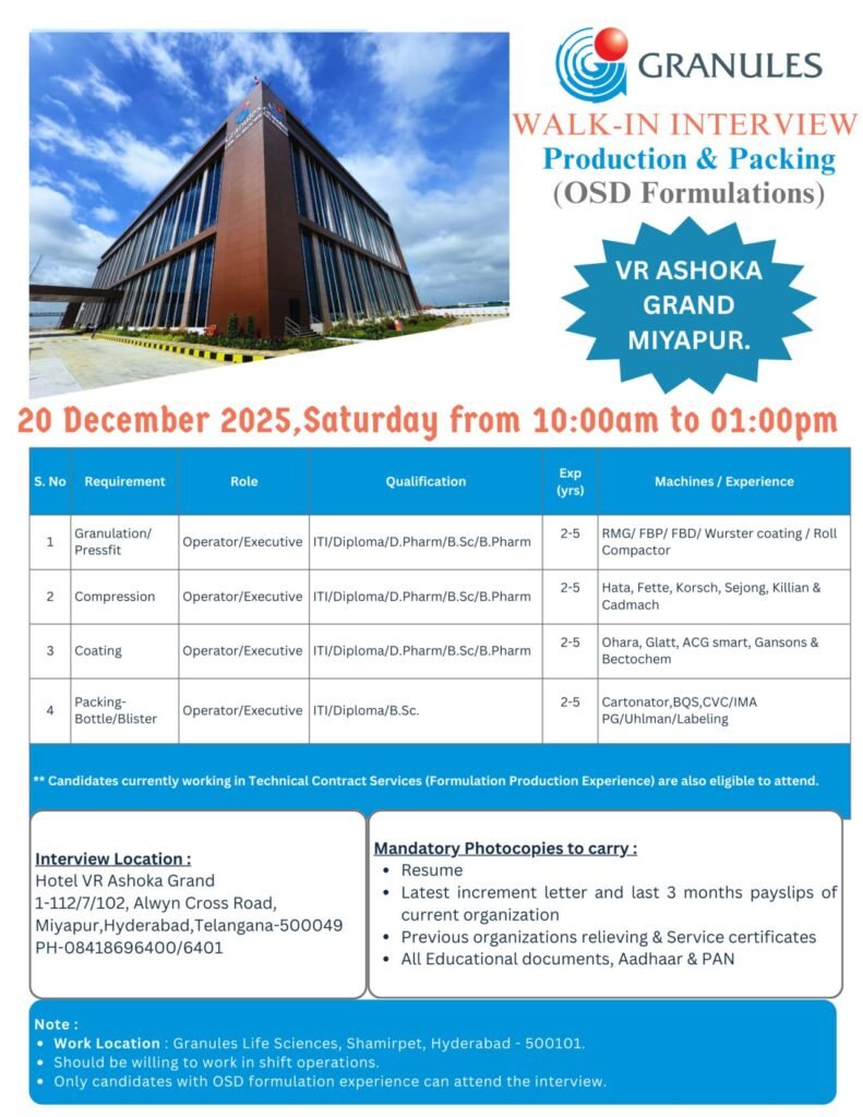 Granules Life Sciences Hiring For production and packing