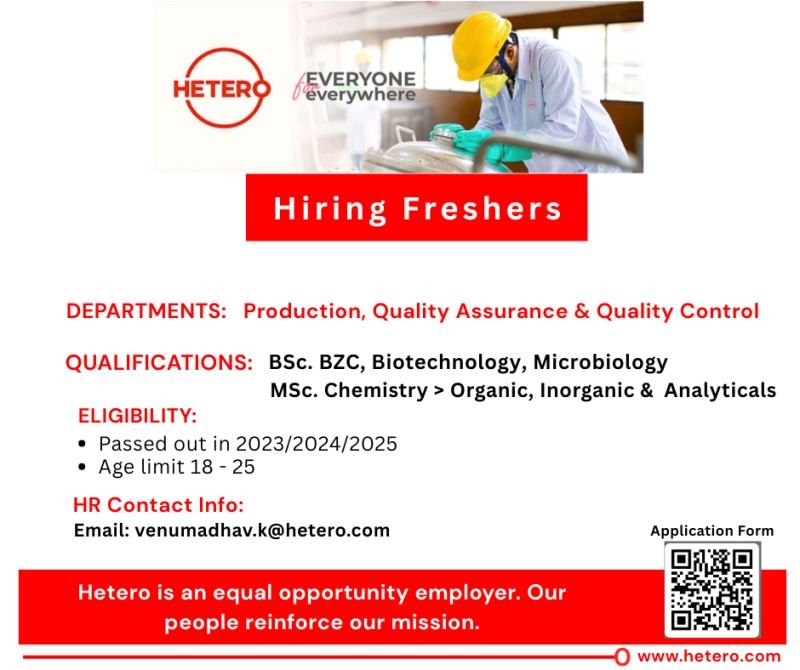 Freshers Needed In Production, Quality Control, Quality Assurance At Hetero