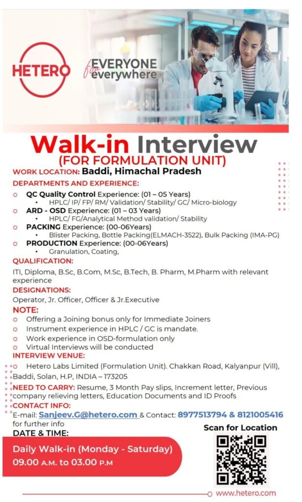 Freshers Needed In Production, Quality Control, ARD, Packing At Hetero Labs