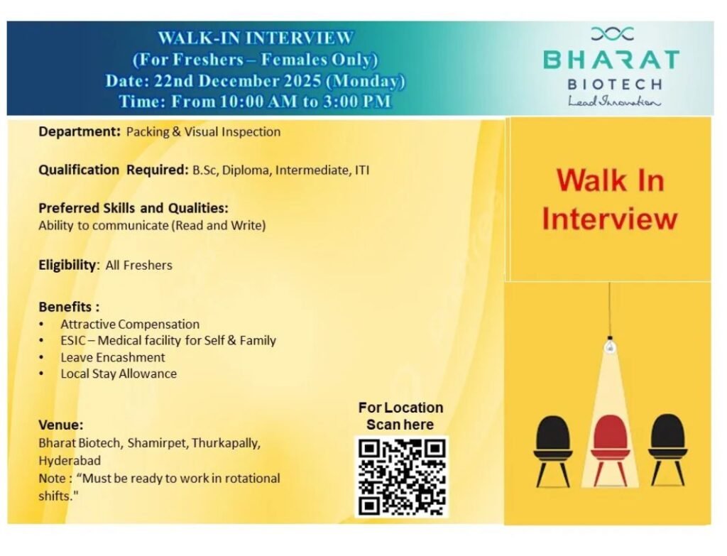 Freshers Needed In Packing & Visual Inspection At Bharat Biotech
