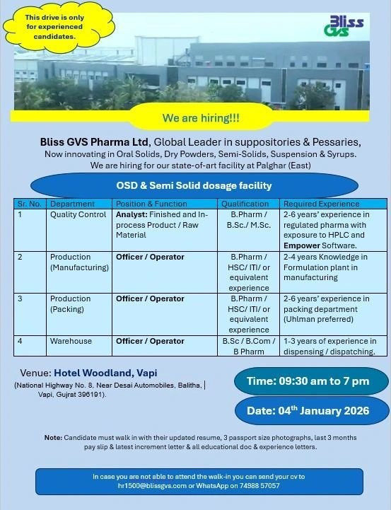 Bliss GVS Hiring For Production / Warehouse / Quality Control