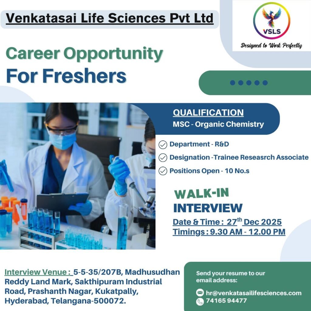 Freshers Needed In Research & Development At Venkatasai Life Sciences