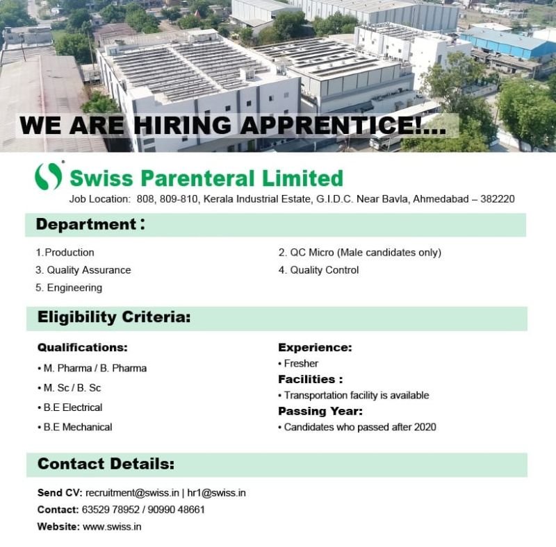Freshers Needed In Production / QC / QA Engineering At Swiss Parenteral Limited