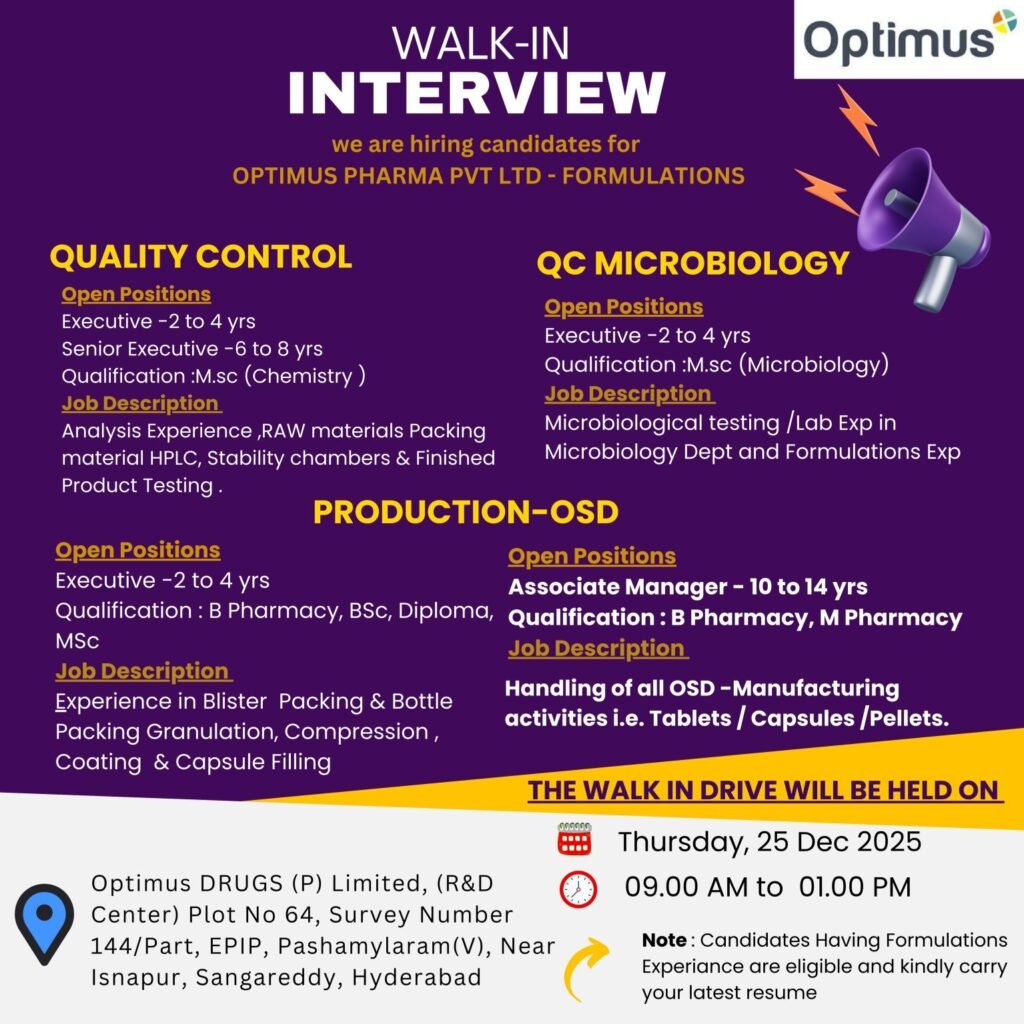 Optimus Pharma Hiring For Production / QC Microbiology / Quality Control