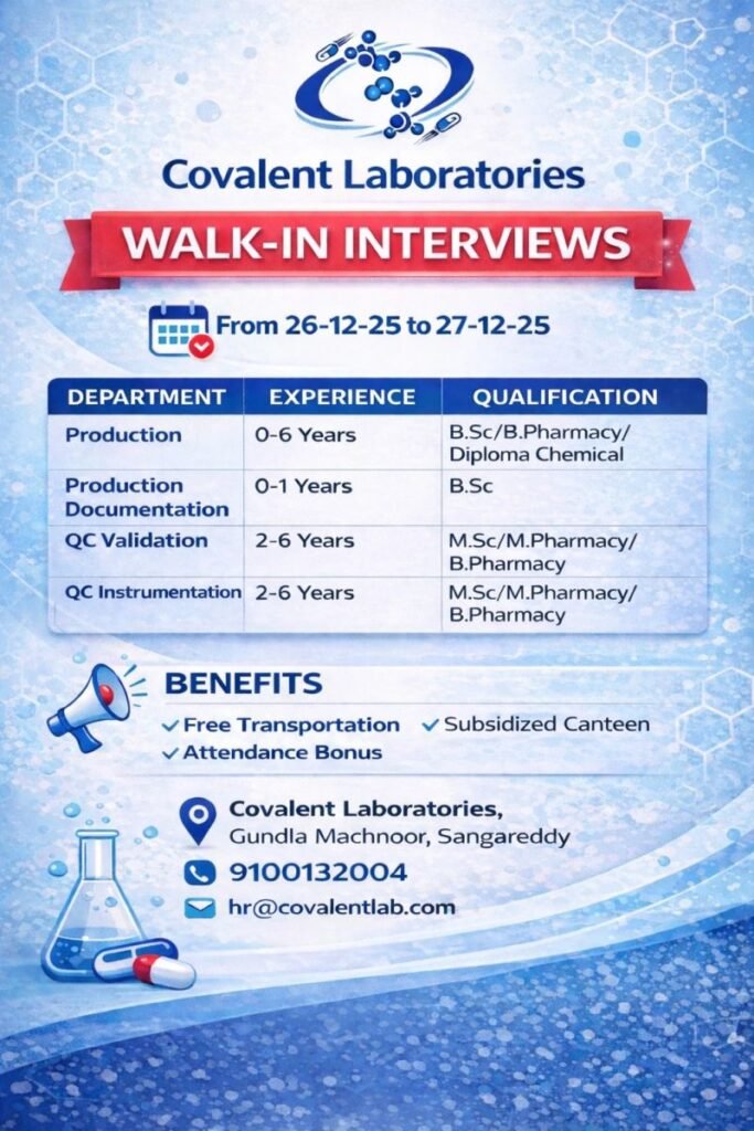 Freshers Needed In Production and Quality Control At Covalent Laboratories
