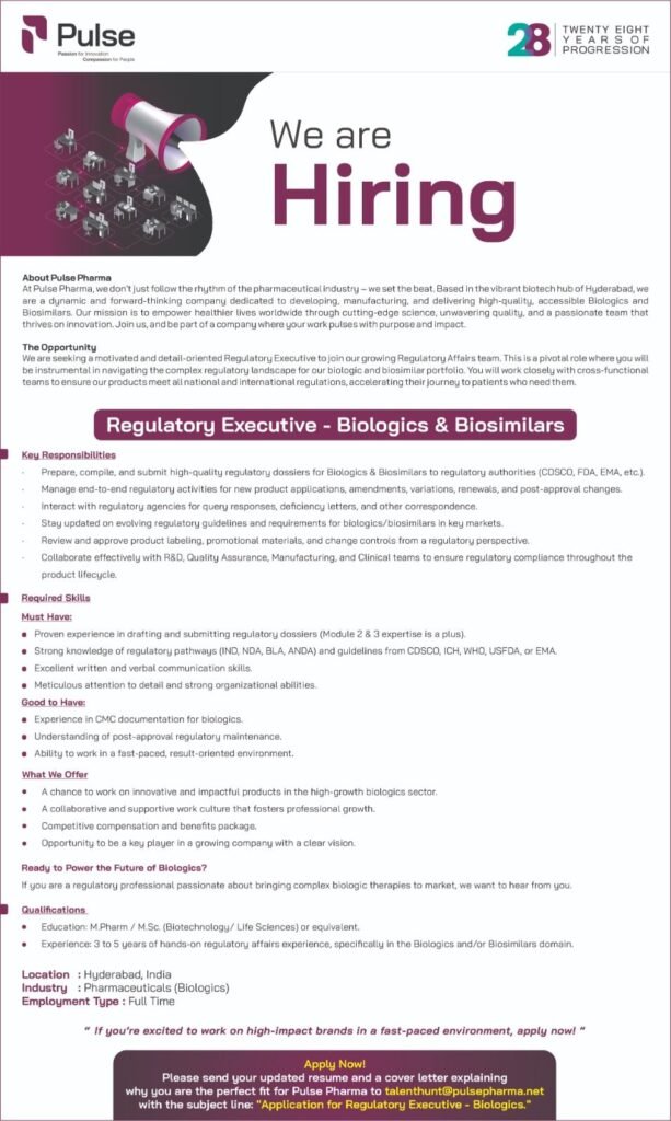 Pulse Pharma Hiring For Regulatory Executive – Biologics & Biosimilars
