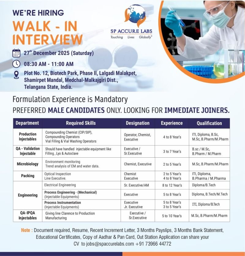 SP Accure Labs Hiring For Production / QA / Microbiology / Packing / IPQA / Engineering / Process Instrumentation SP Accure Labs Hiring For Production / QA / Microbiology / Packing / IPQA / Engineering / Process Instrumentation