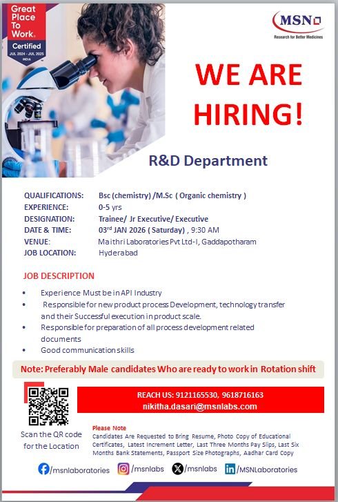 Freshers Needed In Research & Development At MSN Laboratories