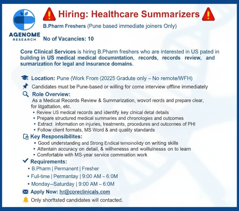 Freshers Needed In Healthcare Summarizer / Medical Records Reviewer At Core Clinical Services