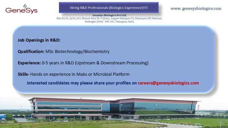 Freshers Needed In R&D professionals At GeneSys Biologics Freshers Needed In R&D professionals At GeneSys Biologics