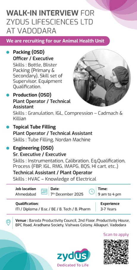 Zydus Lifesciences Hiring For Production, Packing, Tube Filling, and Engineering Zydus Lifesciences Hiring For Production, Packing, Tube Filling, and Engineering