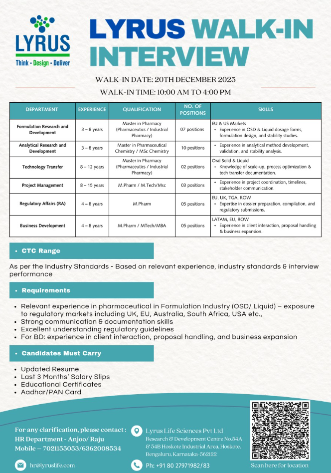 Lyrus Life Sciences Hiring For multiple positions Lyrus Life Sciences Hiring For multiple positions
