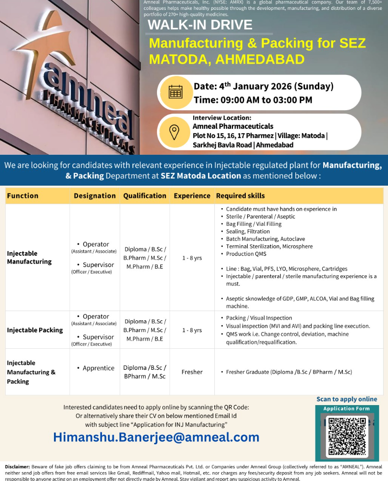 Freshers Needed In Injectable Manufacturing & Packing At Amneal Pharmaceuticals Freshers Needed In Injectable Manufacturing & Packing At Amneal Pharmaceuticals