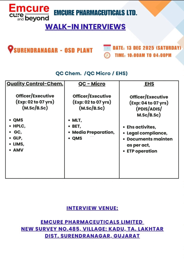 Emcure Pharmaceuticals Hiring For QC, EHS