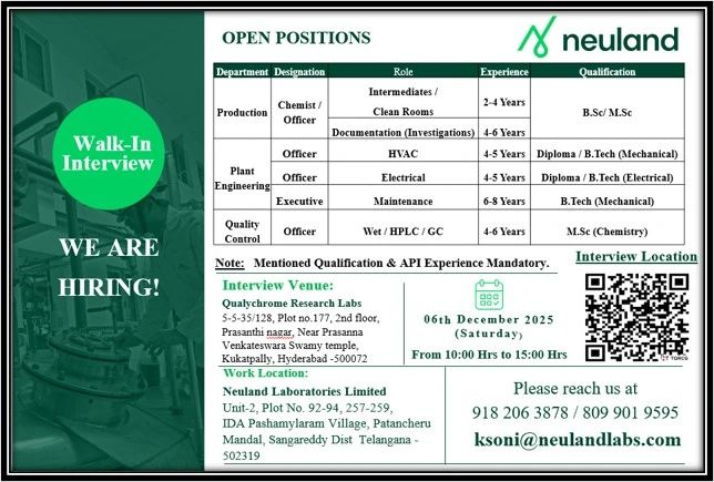 Neuland Laboratories Hiring For Production, QA, Engineering, Maintenance, Quality Control
