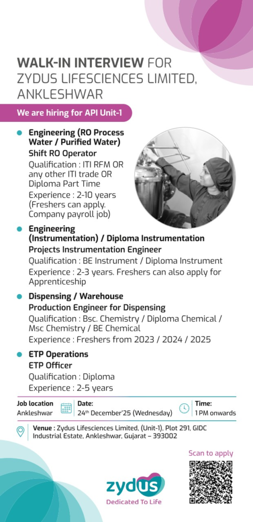 Freshers Needed In multiple openings At Zydus Lifesciences Limited