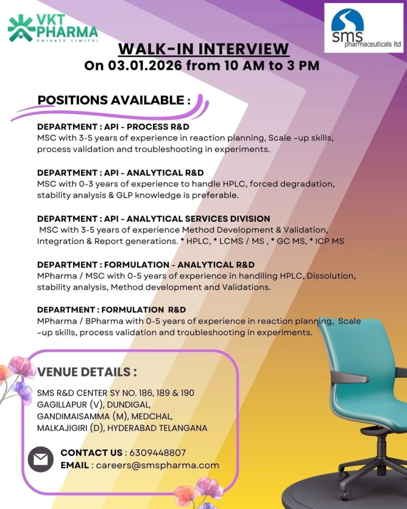 Freshers Needed In Process R&D, Analytical R&D, Analytical Services, and Formulation R&D At VKT Pharma