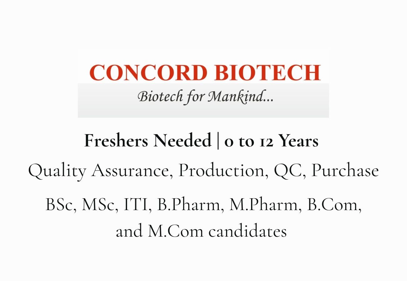 Freshers Needed In Quality Assurance, Production, QC, Purchase At Concord Biotech Limited