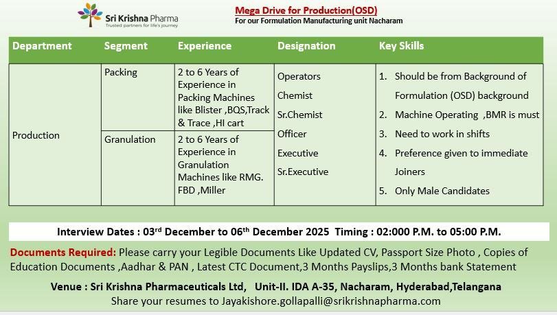Freshers Needed In Production & Packing At Sri Krishna Pharma Freshers Needed In Production & Packing At Sri Krishna Pharma