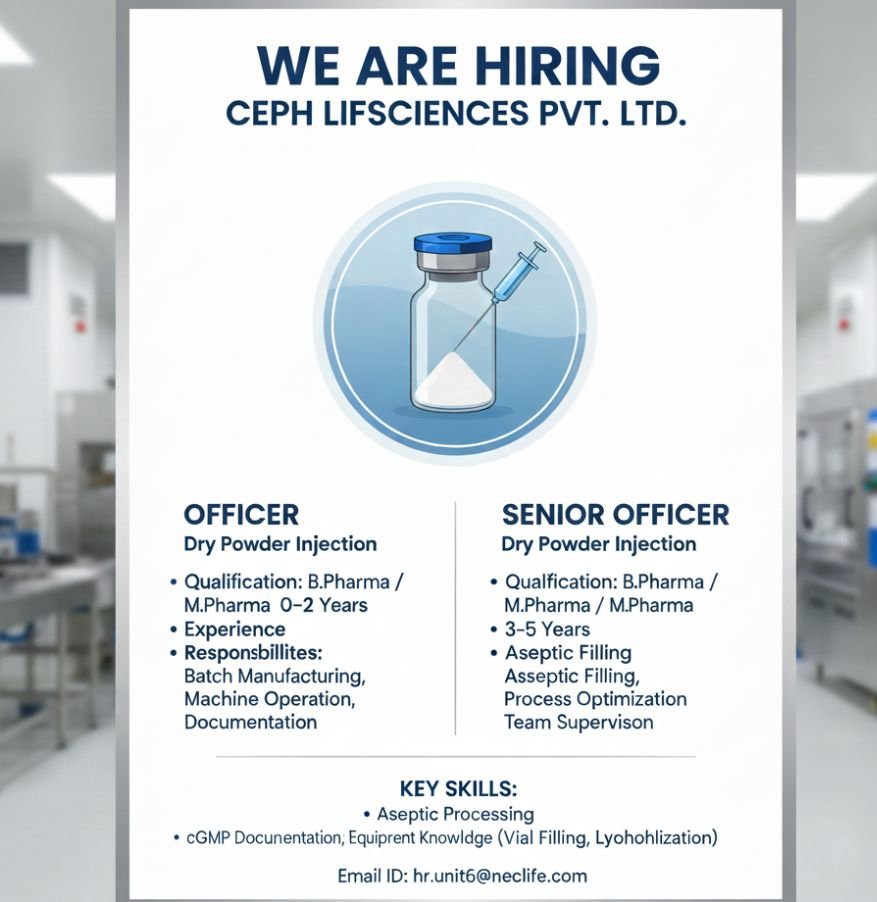 Ceph Lifesciences Hiring For Freshers Officer and Senior Officer positions in Dry Powder Injection Ceph Lifesciences Hiring For Freshers Officer and Senior Officer positions in Dry Powder Injection