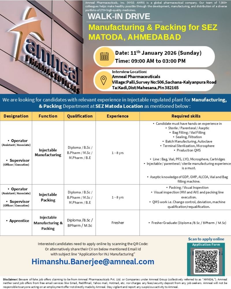Freshers Needed In Manufacturing / Packing Department At Amneal Pharmaceuticals