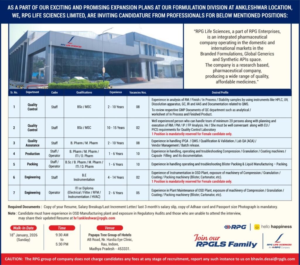 RPG Life Sciences Hiring For Quality Control, Quality Assurance, Production, Packing, and Engineering RPG Life Sciences Hiring For Quality Control, Quality Assurance, Production, Packing, and Engineering