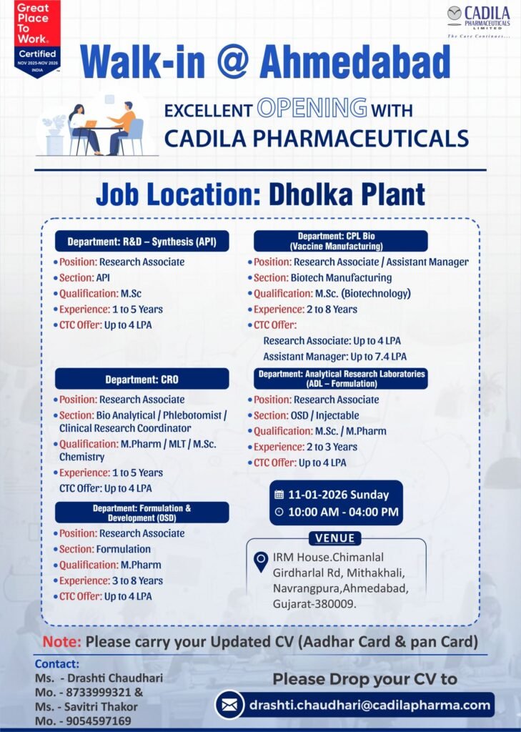 Cadila Pharmaceuticals Hiring For R&D, API Synthesis, CRO, Formulation & Development, Analytical Research Cadila Pharmaceuticals Hiring For R&D, API Synthesis, CRO, Formulation & Development, Analytical Research