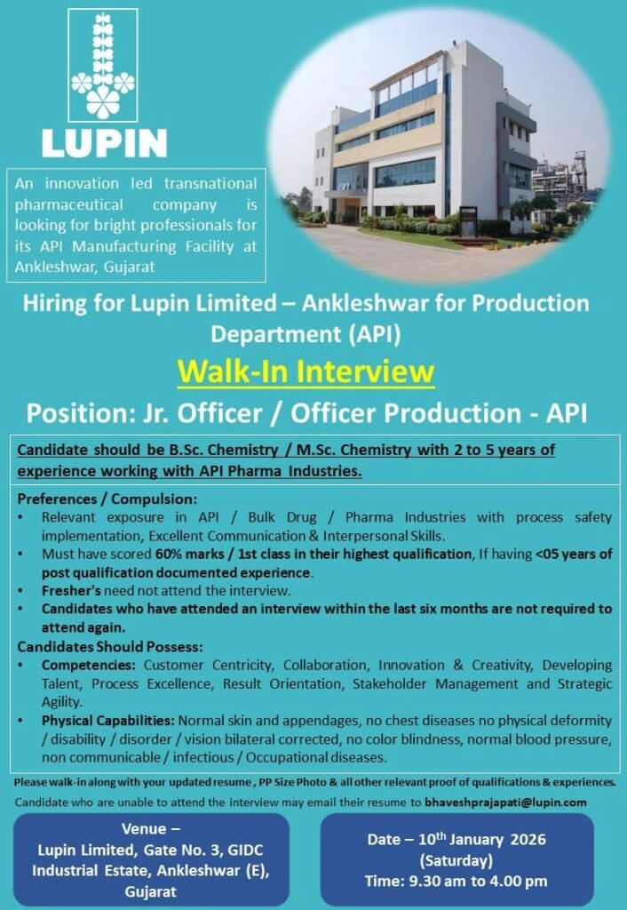 Lupin Limited Hiring For Production – API