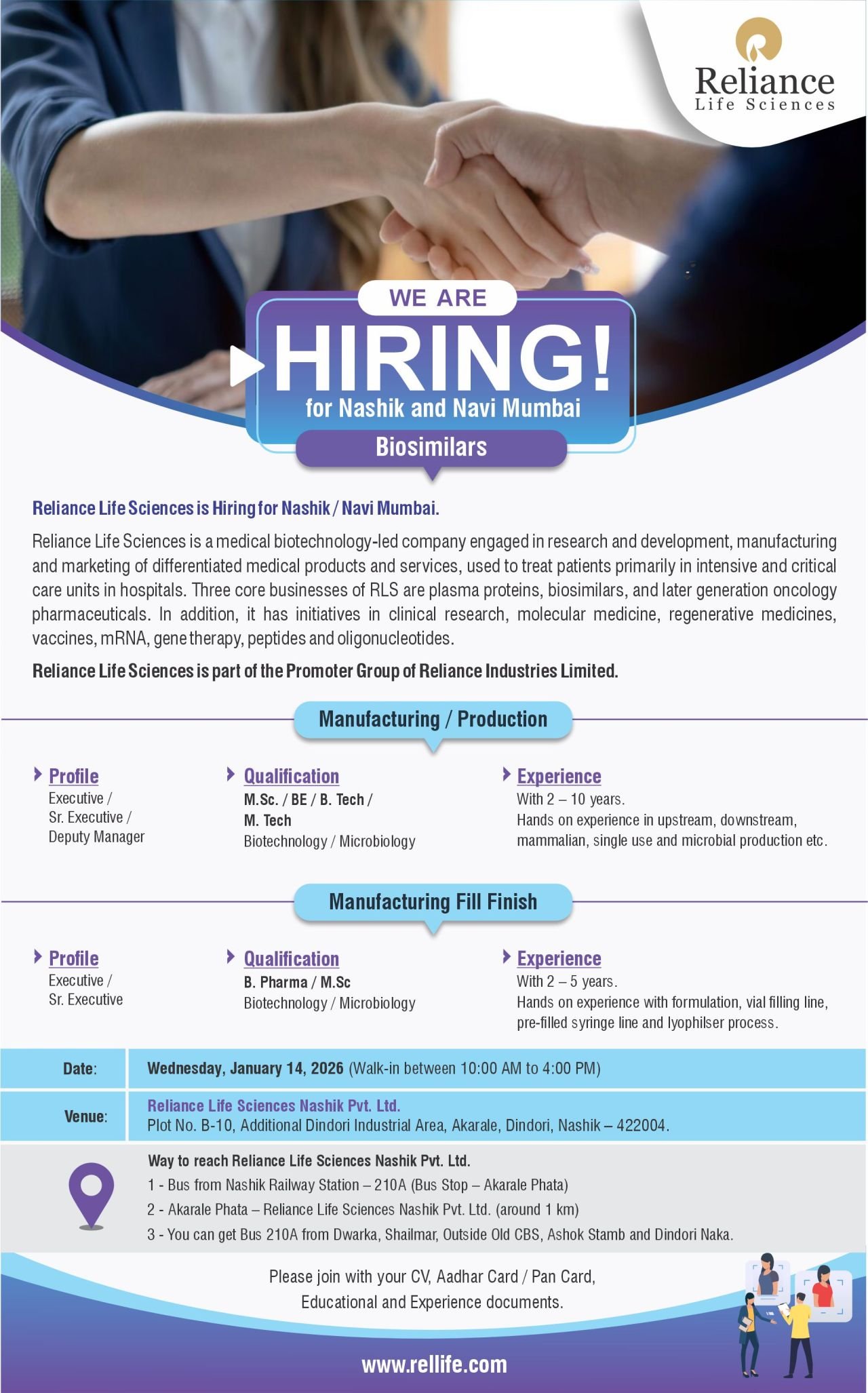 Freshers Needed In multiple roles At Reliance Life Sciences