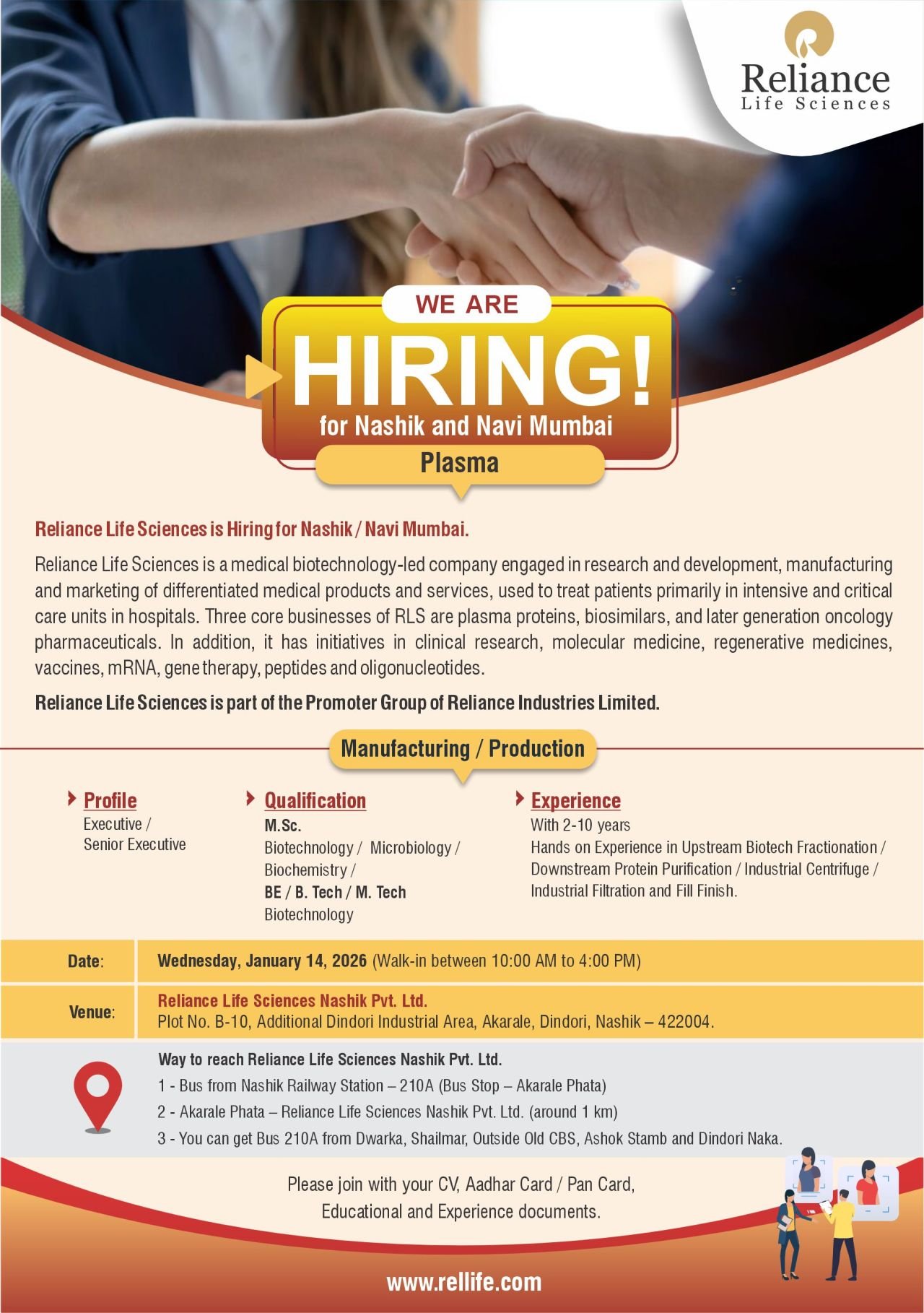 Freshers Needed In multiple roles At Reliance Life Sciences