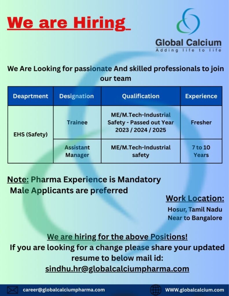 Freshers Needed In EHS (Safety) Trainee At Global Calcium Freshers Needed In EHS (Safety) Trainee At Global Calcium