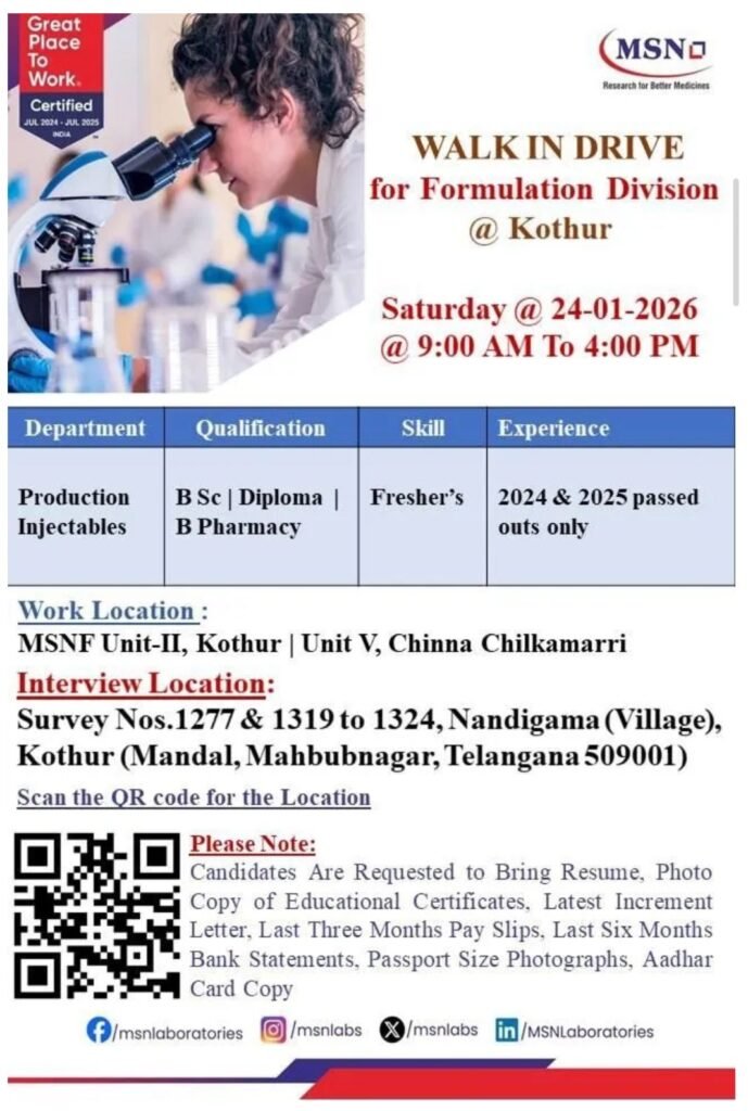 Freshers Needed In Formulation – Injectables At MSN Laboratories Freshers Needed In Formulation – Injectables At MSN Laboratories