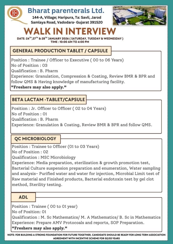 Freshers Needed In multiple Departments At Bharat Parenterals Ltd Freshers Needed In multiple Departments At Bharat Parenterals Ltd