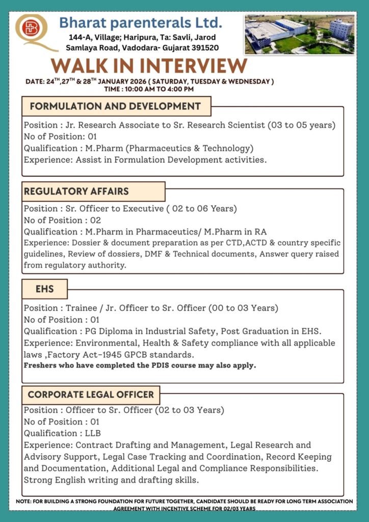 Freshers Needed In multiple Departments At Bharat Parenterals Ltd Freshers Needed In multiple Departments At Bharat Parenterals Ltd