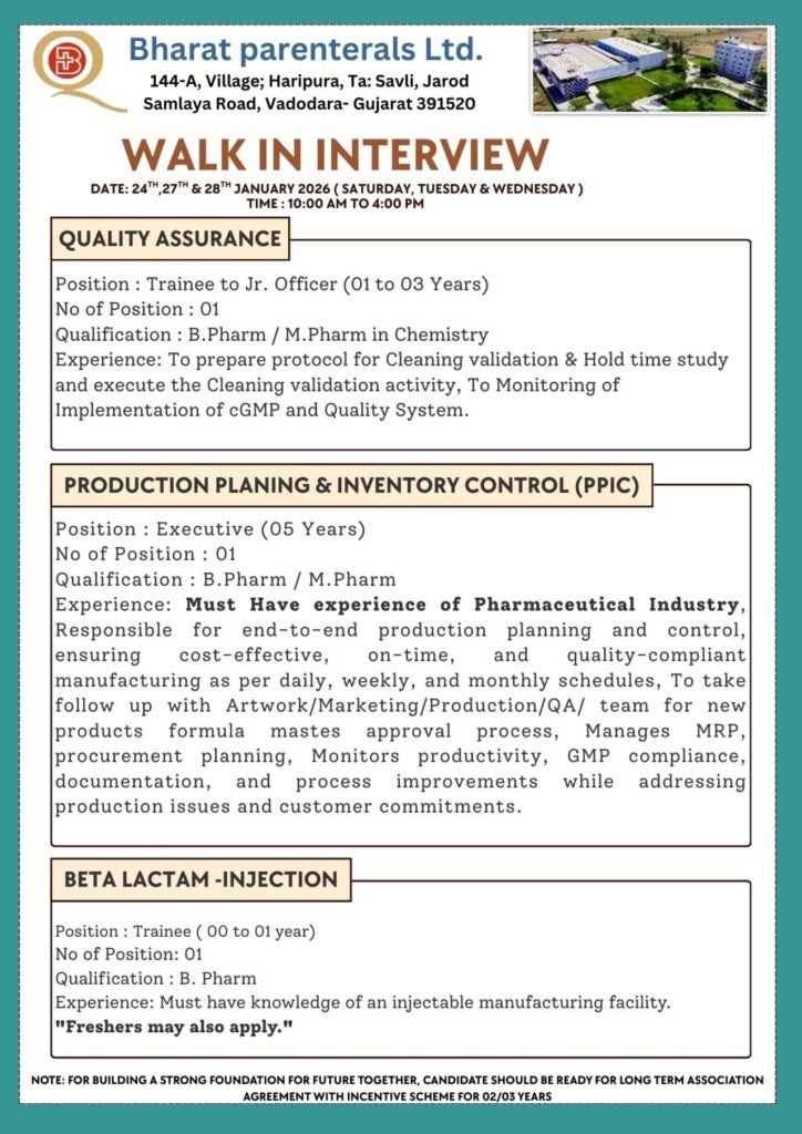 Freshers Needed In multiple Departments At Bharat Parenterals Ltd Freshers Needed In multiple Departments At Bharat Parenterals Ltd