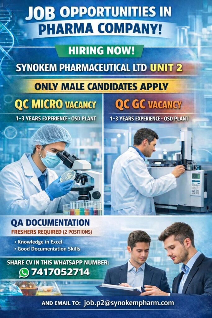 Freshers Needed In Quality Assurance / Quality Control At Synokem Pharmaceutical