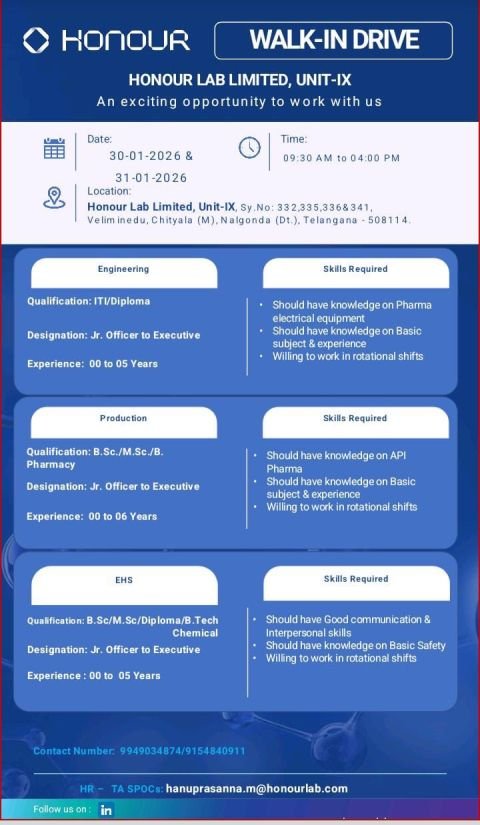 Freshers Needed In Production / EHS / Engineering At Honour Lab Limited Freshers Needed In Production / EHS / Engineering At Honour Lab Limited