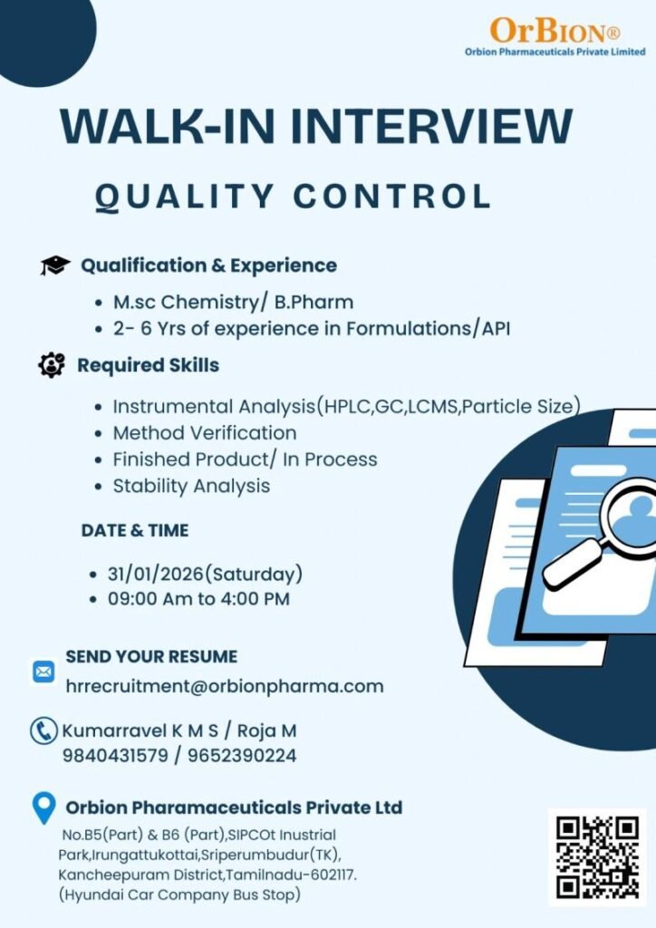 Orbion Pharma Hiring For Quality Control
