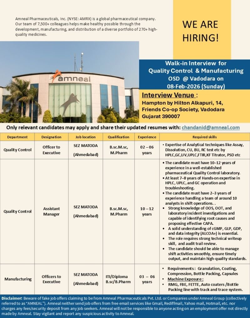 Amneal Pharmaceuticals Hiring For Quality Control / Manufacturing
