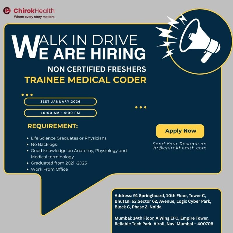 Freshers Needed In Trainee Medical Coder At ChirokHealth