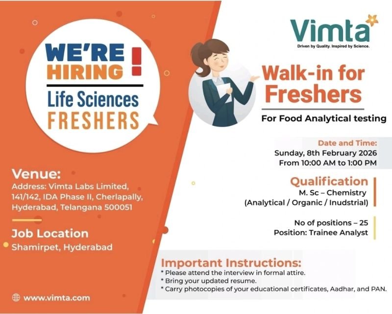 Freshers Needed In Food Analytical Testing At Vimta Labs Limited Freshers Needed In Food Analytical Testing At Vimta Labs Limited