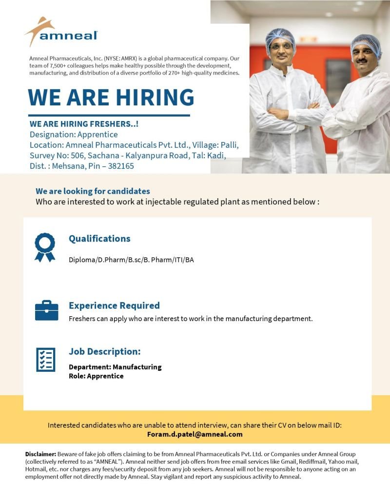 Amneal Pharmaceuticals Hiring For Freshers Apprentice Manufacturing
