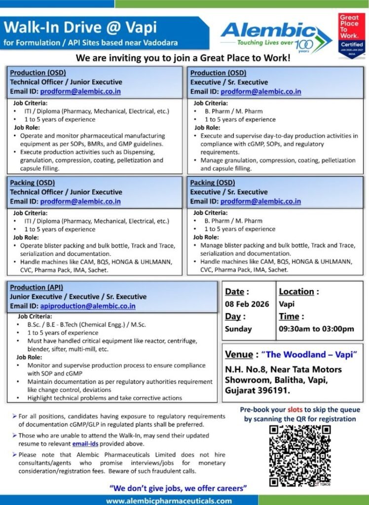 Alembic Pharmaceuticals Hiring For Production / Packing