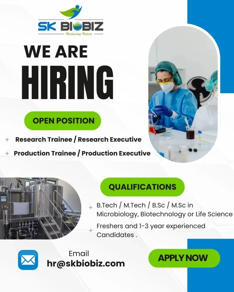 Freshers Needed In Production Executive, Trainee / Research Executive, Trainee At SK Biobiz Freshers Needed In Production Executive, Trainee / Research Executive, Trainee At SK Biobiz